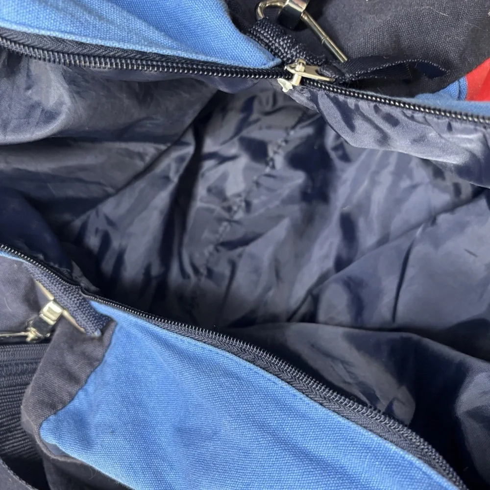Vintage Tommy Hilfiger Duffel Bag Red Flag Logo Large Denim 90s Gym Travel
